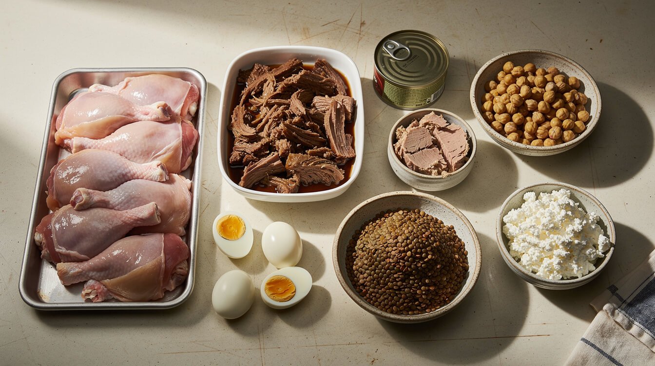 High-protein ingredients for lunch meal prep laid out on a kitchen counter