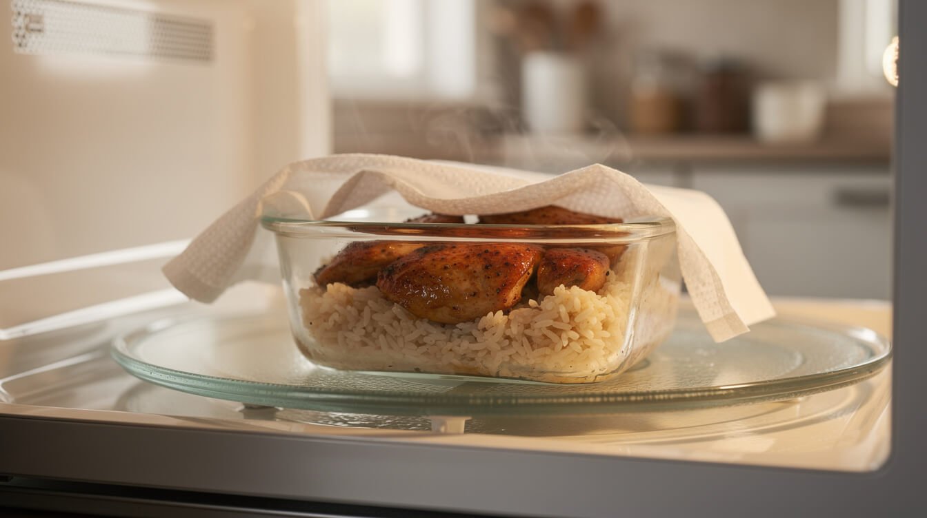 Reheating a glass container of meal prepped chicken and rice in a microwave