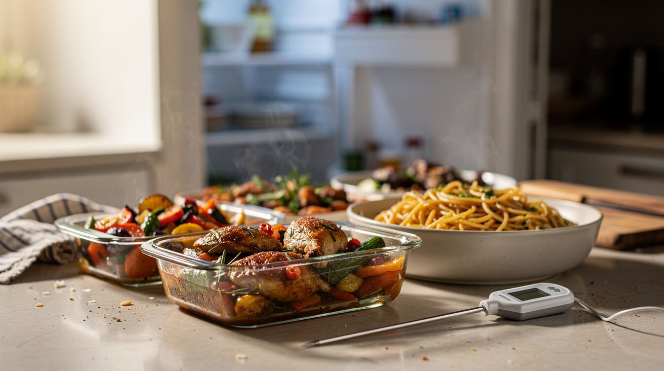 Cooked food cooling in shallow containers with an instant-read thermometer
