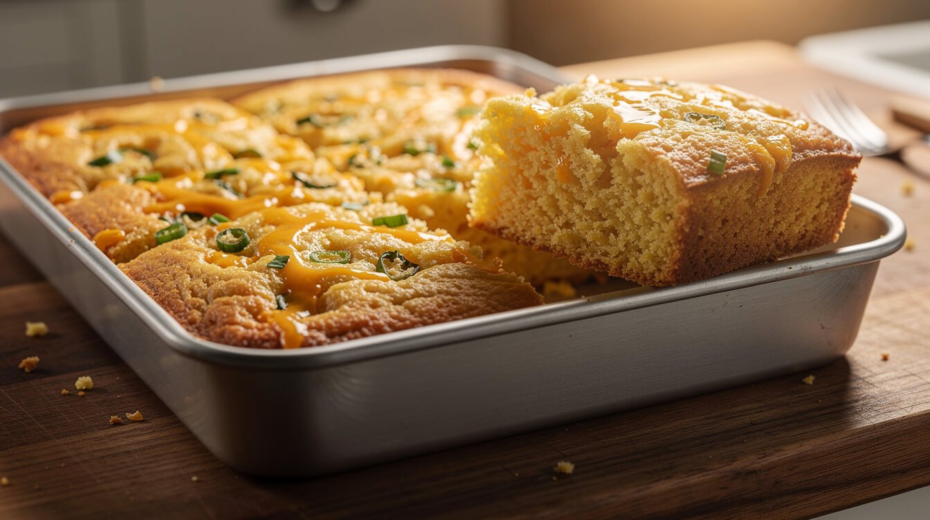 cheesy cornbread squares with green onion in a metal baking pan