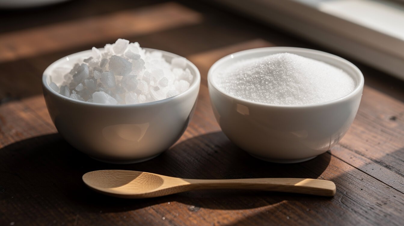 Coarse kosher salt next to fine table salt