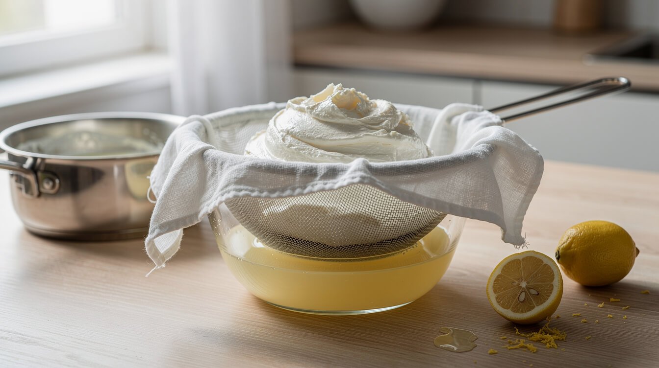 homemade mascarpone straining in a cheesecloth-lined sieve