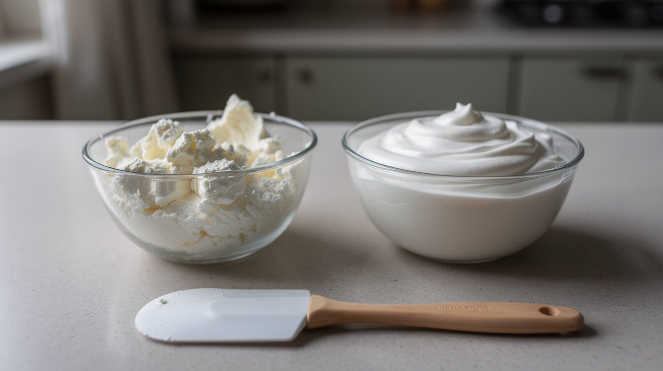 split grainy cream cheese mixture next to a smooth whipped mascarpone substitute