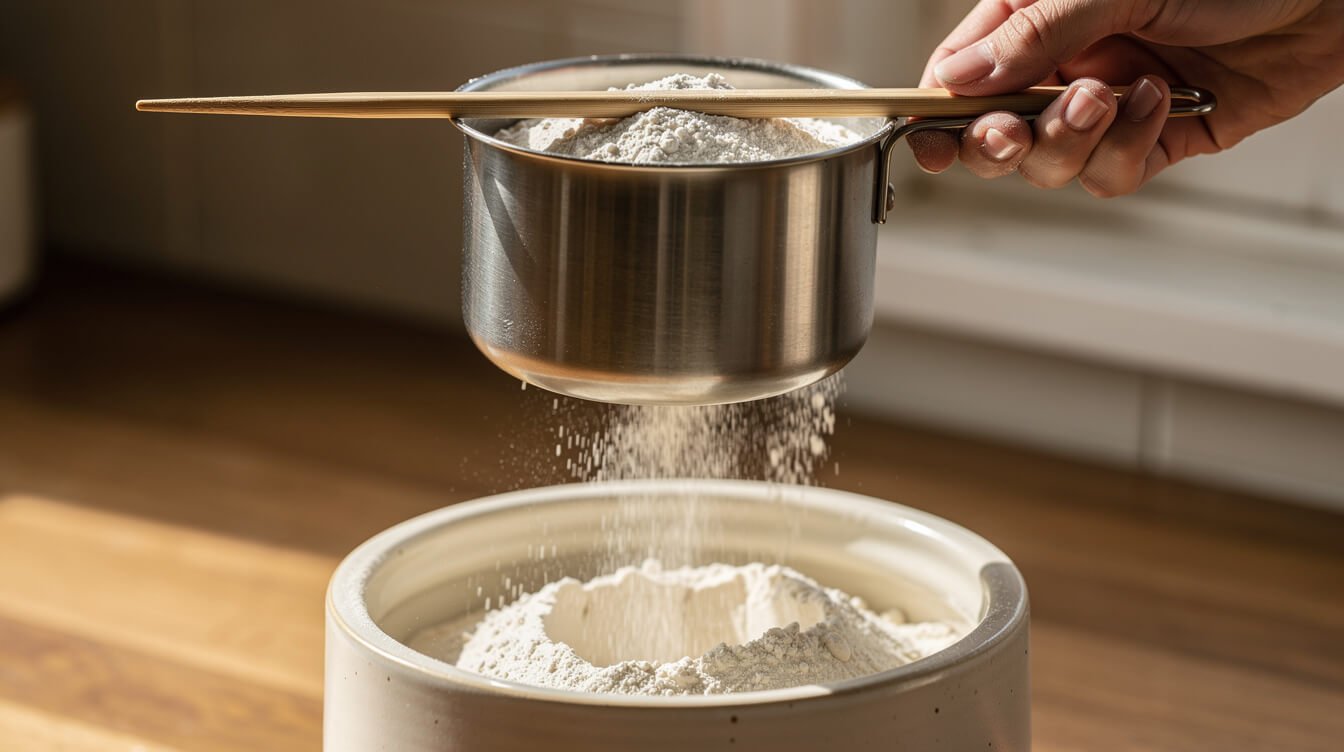 leveling a cup of flour after spooning it in