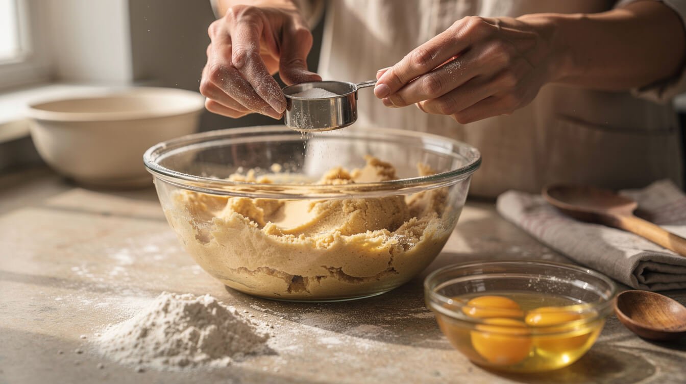 Measuring salt into cookie dough made with salted butter