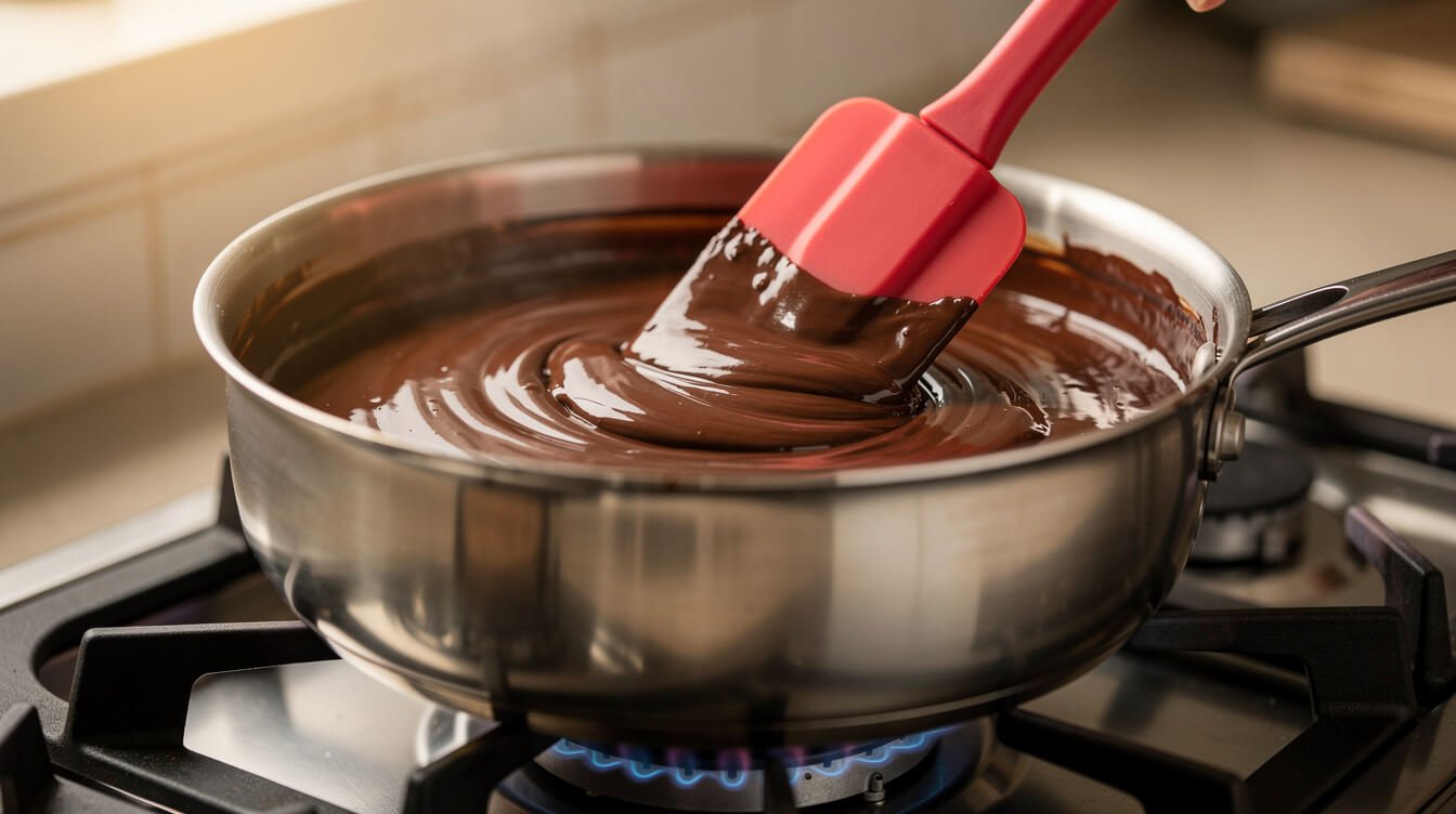 Melted chocolate fudge mixture stirred with a red spatula in a saucepan over low heat