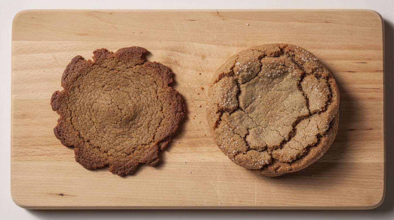 A flat, over-spread molasses cookie next to a thick, crackled molasses cookie