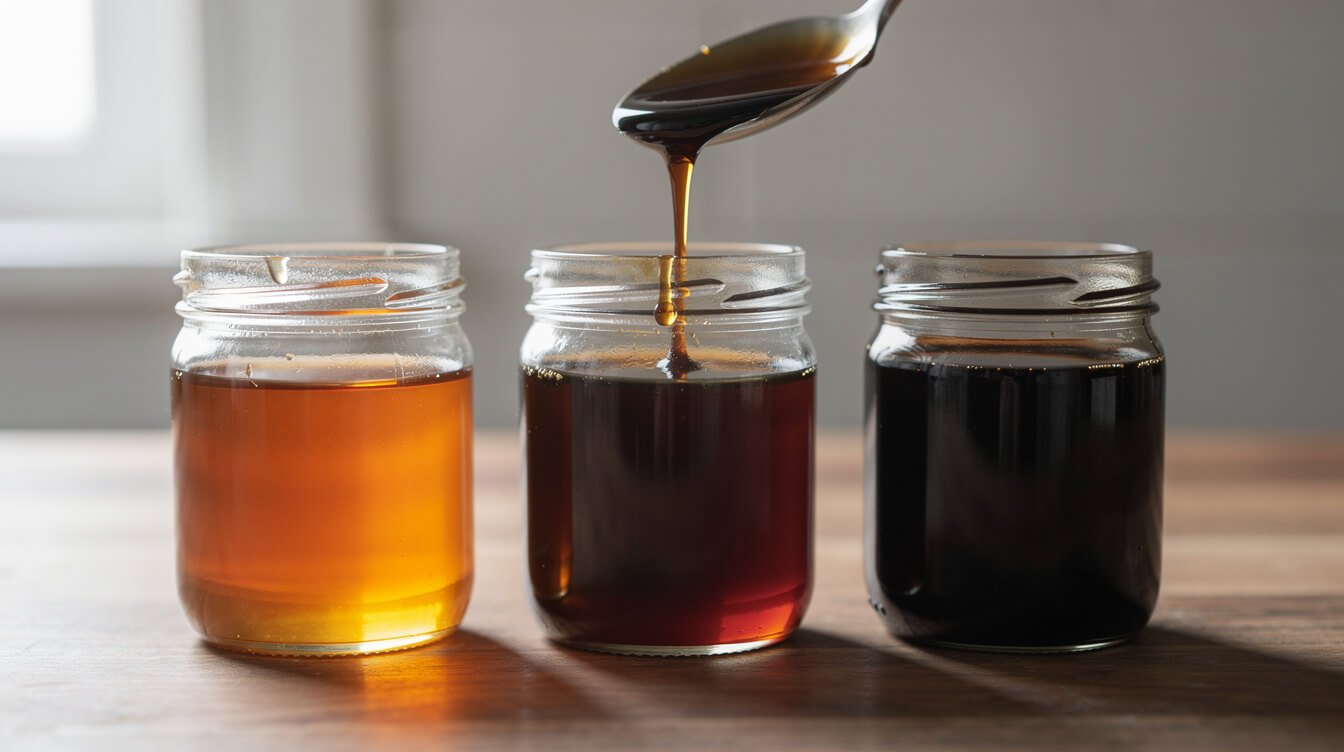 Three jars of molasses from light amber to nearly black, showing light, dark, and blackstrap molasses
