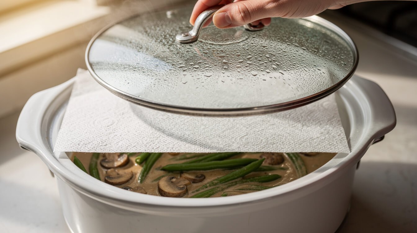 paper towels laid under a slow cooker lid to catch condensation