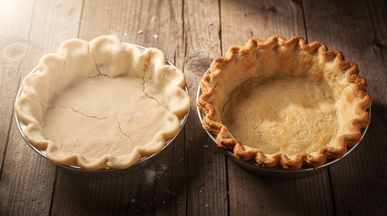 cracked pie dough next to a golden, evenly baked butter pie crust