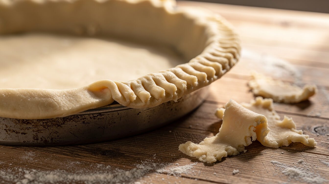 all-butter pie dough fitted into a metal pie pan with a crimped edge