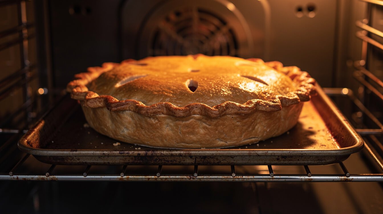 double crust pie baking on a sheet pan low in the oven to avoid a soggy bottom
