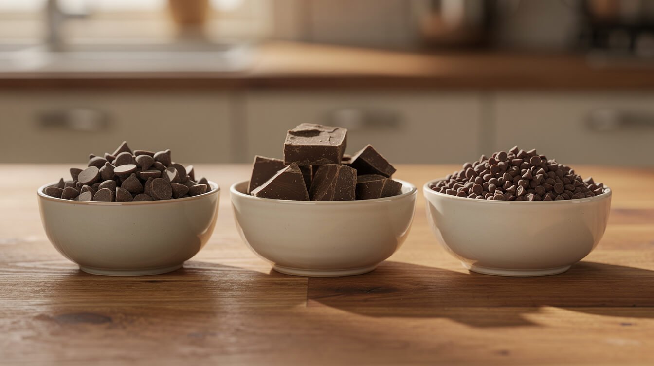Three bowls holding regular chocolate chips, chopped chocolate chunks, and mini chocolate chips