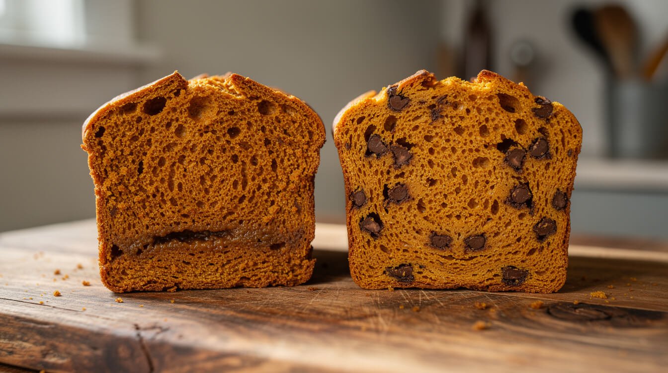 Two slices of pumpkin bread compared, one with a dense sunken streak and one with an even crumb