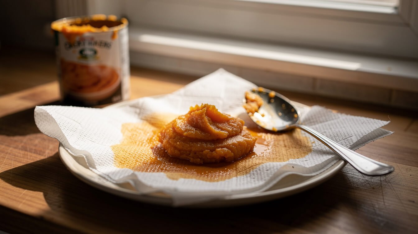 Pumpkin puree spooned onto a paper towel showing a ring of excess moisture