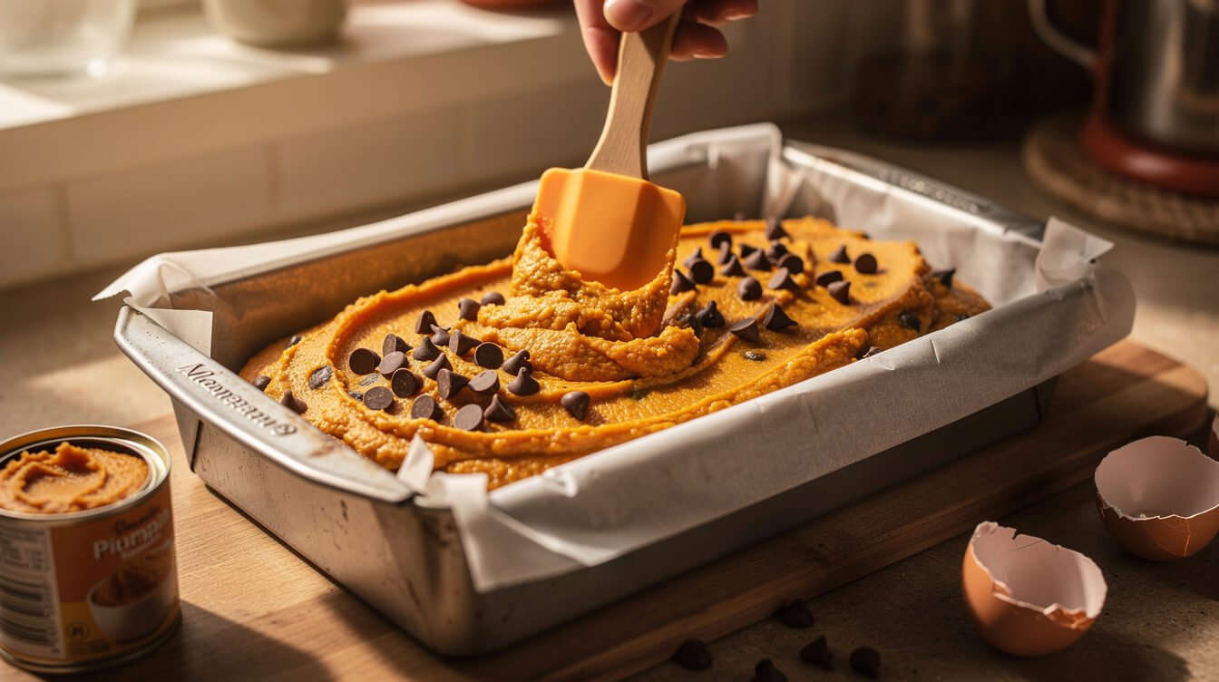 Thick pumpkin batter with chocolate chips being spread into a parchment-lined loaf pan