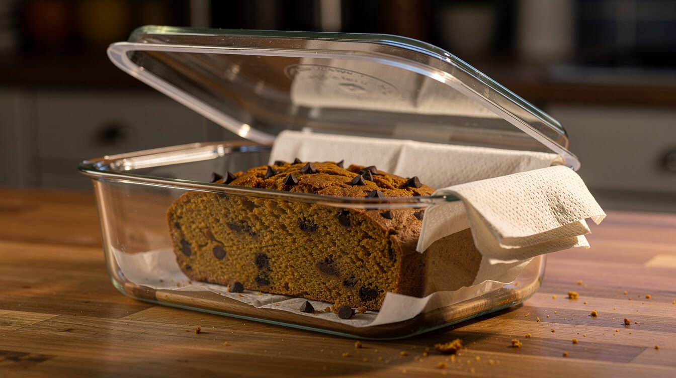 Half a loaf of pumpkin chocolate chip bread stored cut-side down in a glass container