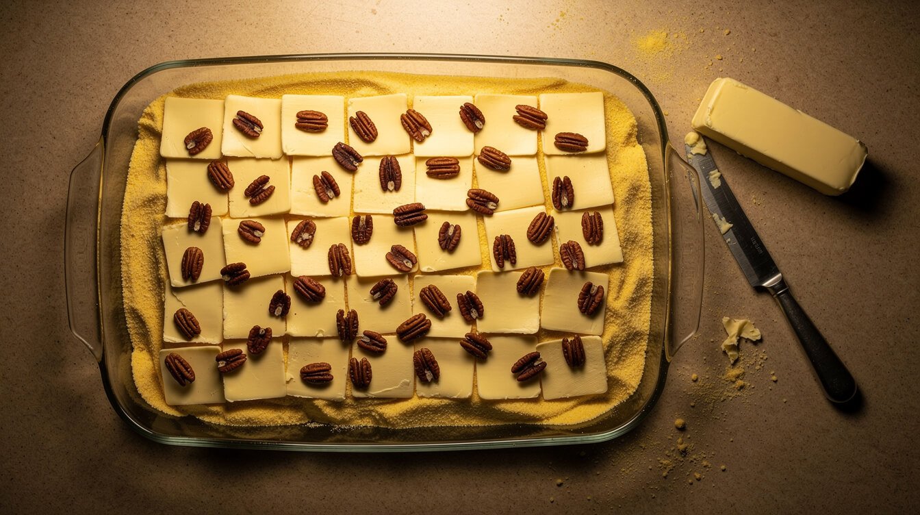 thin slices of cold butter and pecans laid over dry cake mix before baking