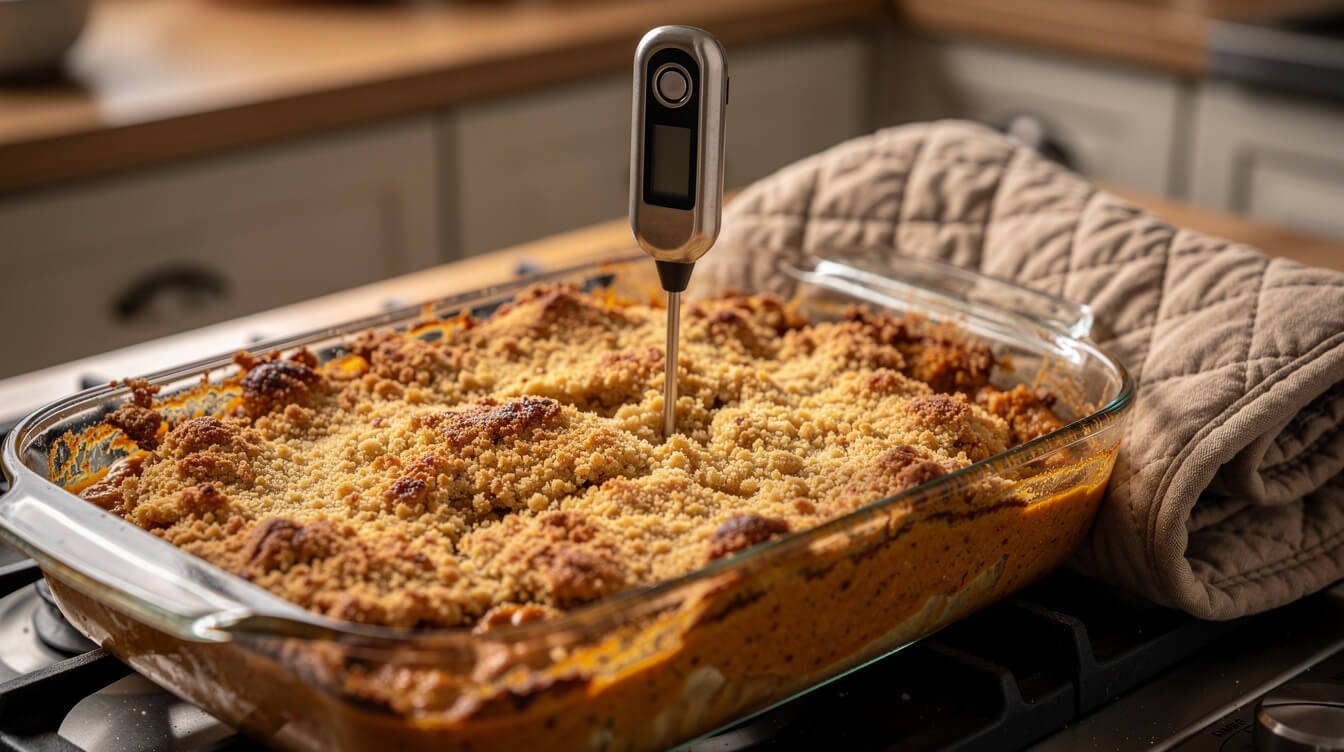 instant-read thermometer checking the center of a baked pumpkin dump cake