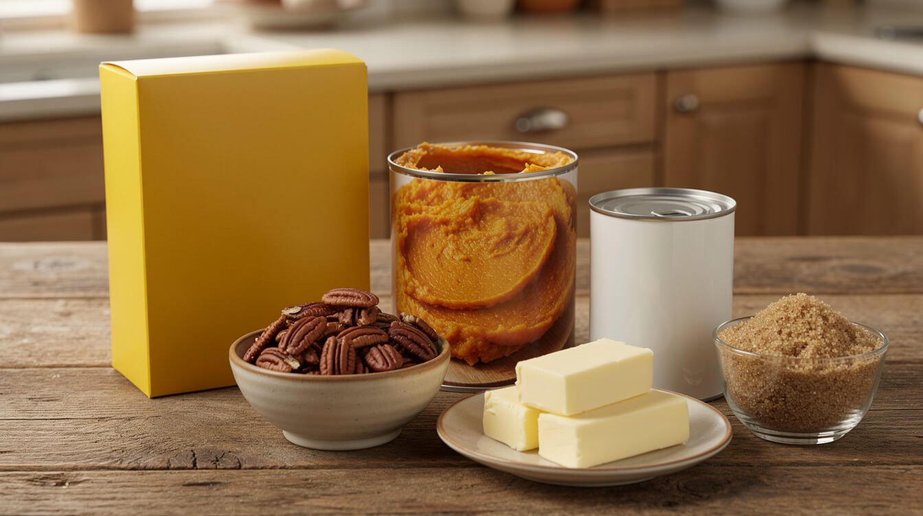 canned pumpkin, evaporated milk, cake mix, pecans, and butter for pumpkin dump cake