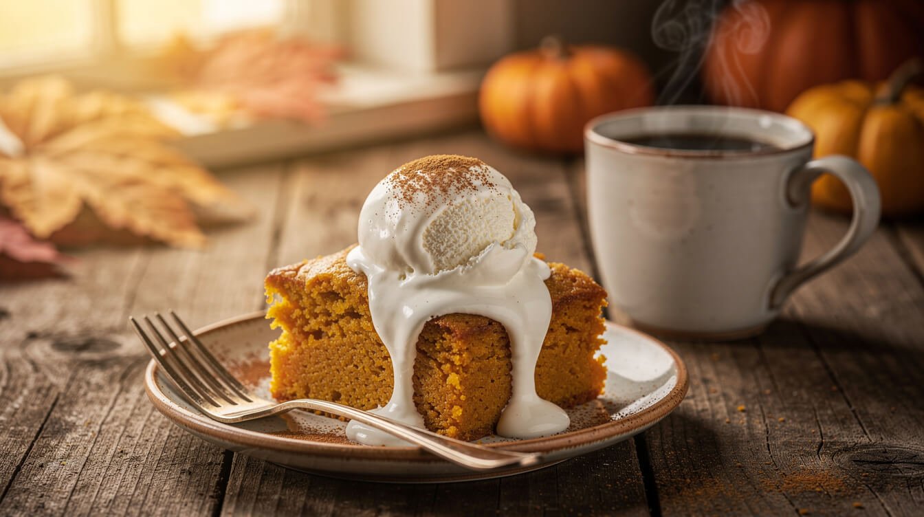 a warm square of pumpkin dump cake with vanilla ice cream