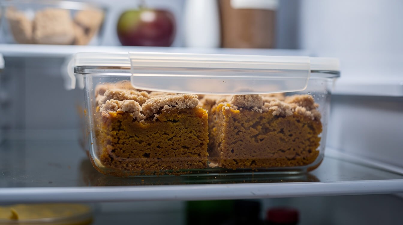 leftover pumpkin dump cake stored in a covered container in the refrigerator