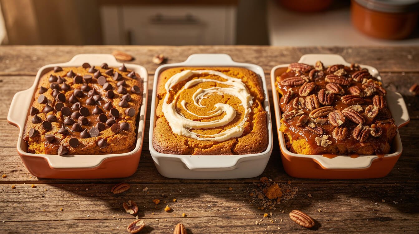 three pumpkin dump cake variations with chocolate chips, cream cheese, and pecans