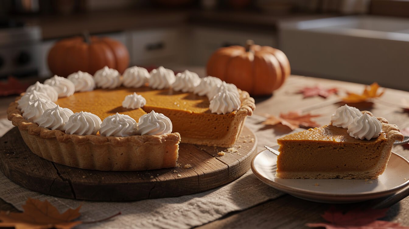 pumpkin pie topped with piped stabilized whipped cream