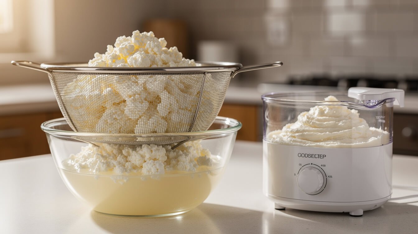 cottage cheese draining in a sieve as a ricotta substitute