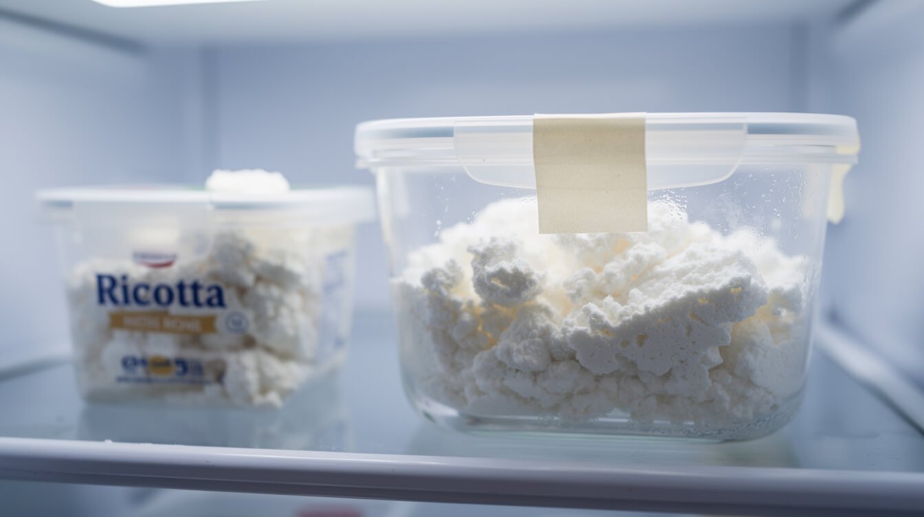 ricotta and homemade ricotta stored in a home refrigerator