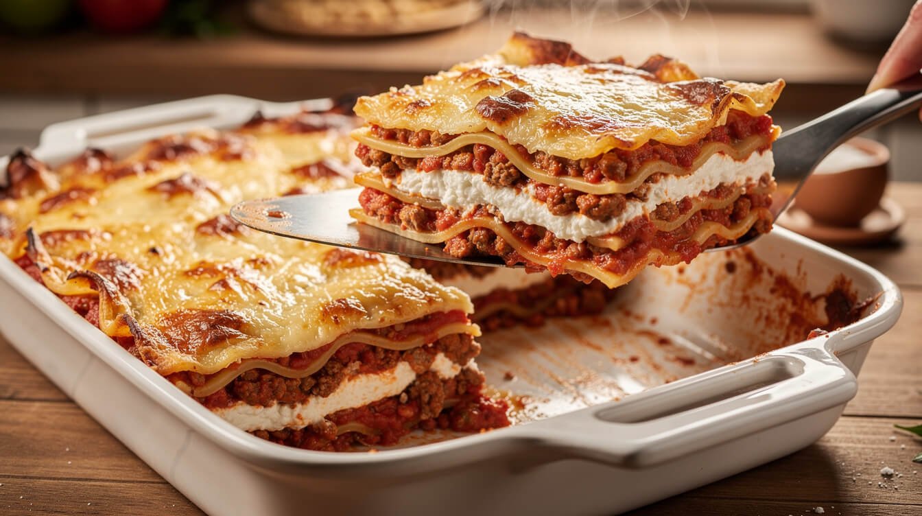 homemade lasagna made with a ricotta substitute, sliced to show the layers