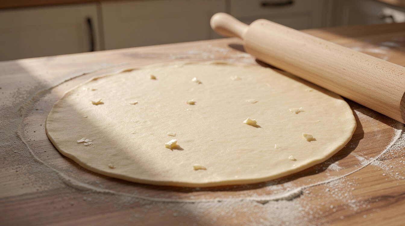 rolling all-butter pie dough into a circle on a floured counter