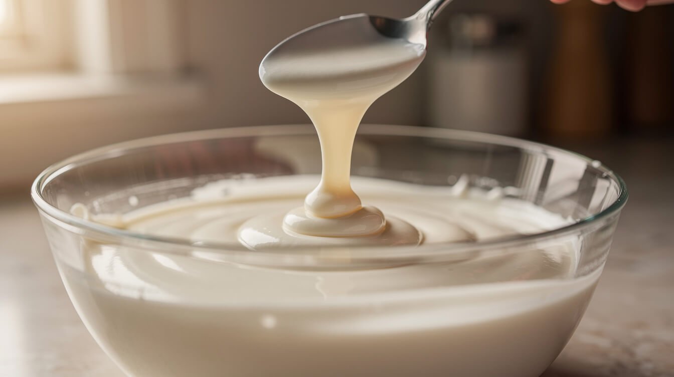 ribbon of meringue powder royal icing melting back into the bowl during a consistency test