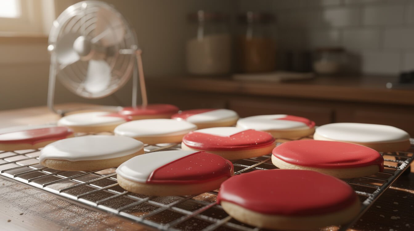 iced sugar cookies drying on a wire rack in front of a small fan