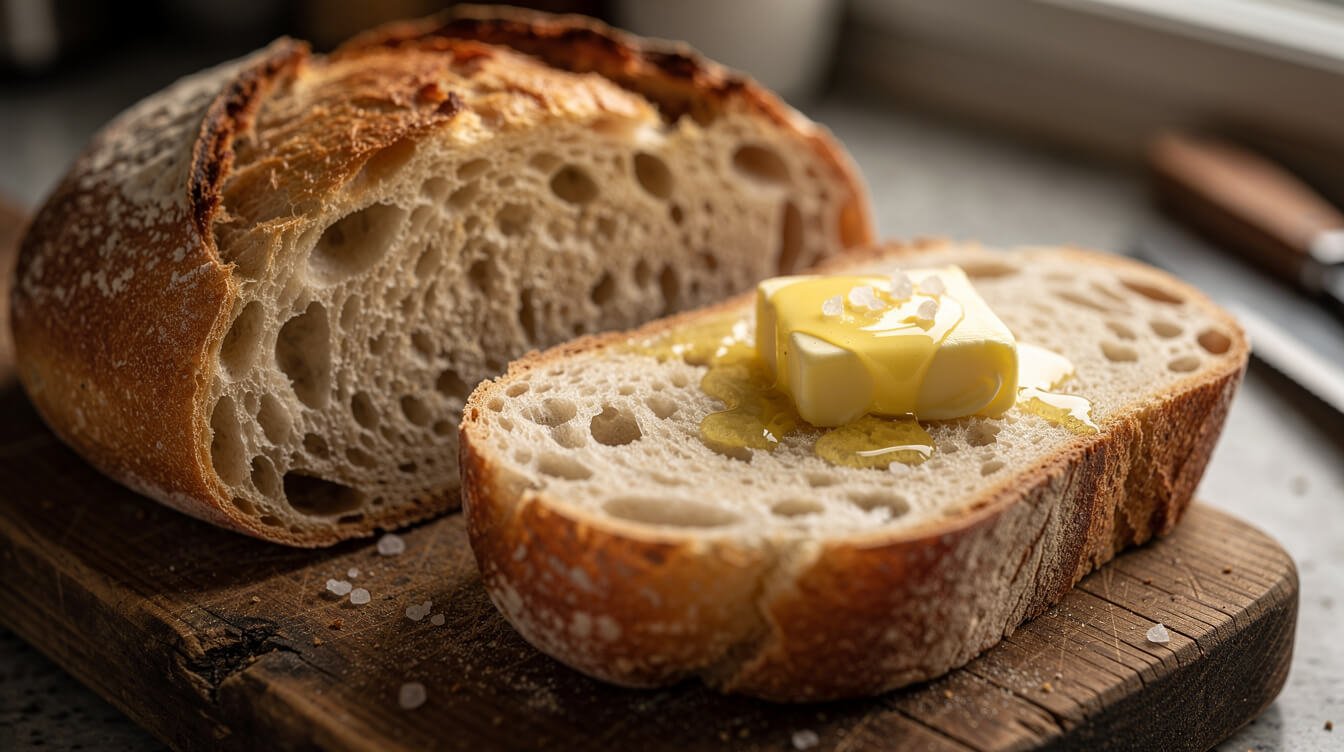 Salted butter melting on a slice of warm homemade bread