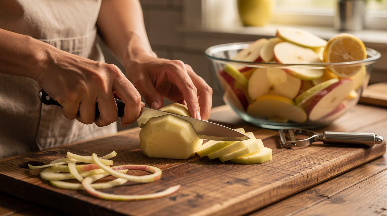 slicing peeled apples into even slices for apple crisp