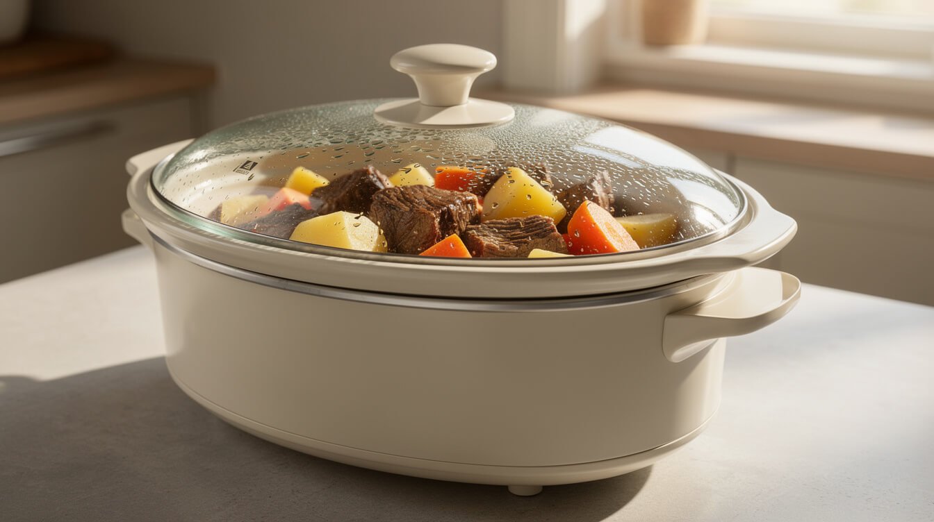 Slow cooker with the lid on cooking beef stew on a kitchen counter