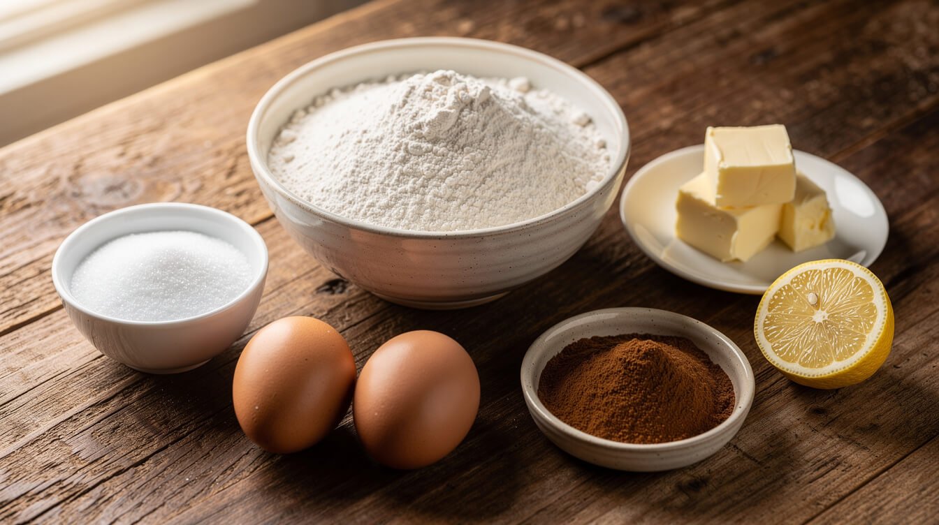snickerdoodle ingredients on a counter with butter, eggs, flour, sugar, cinnamon, and a lemon