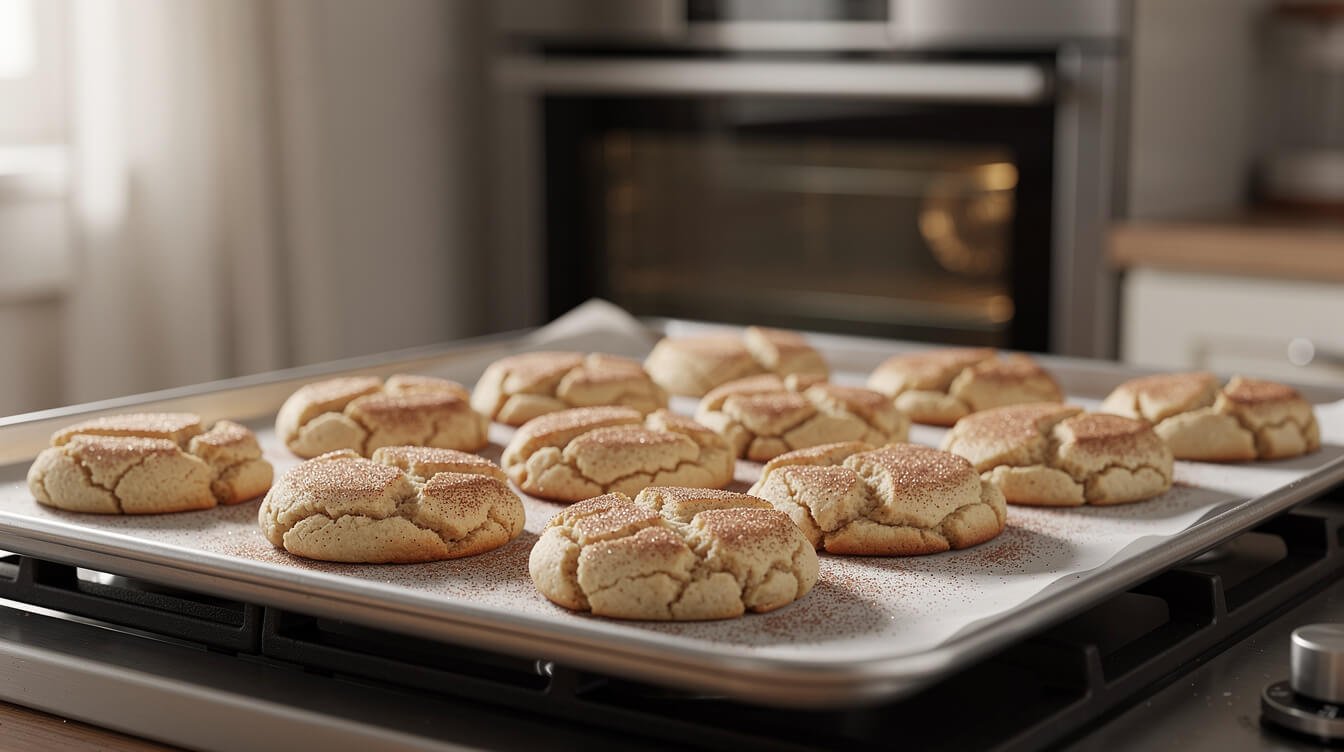 snickerdoodles without cream of tartar on a baking sheet with set edges and puffy centers