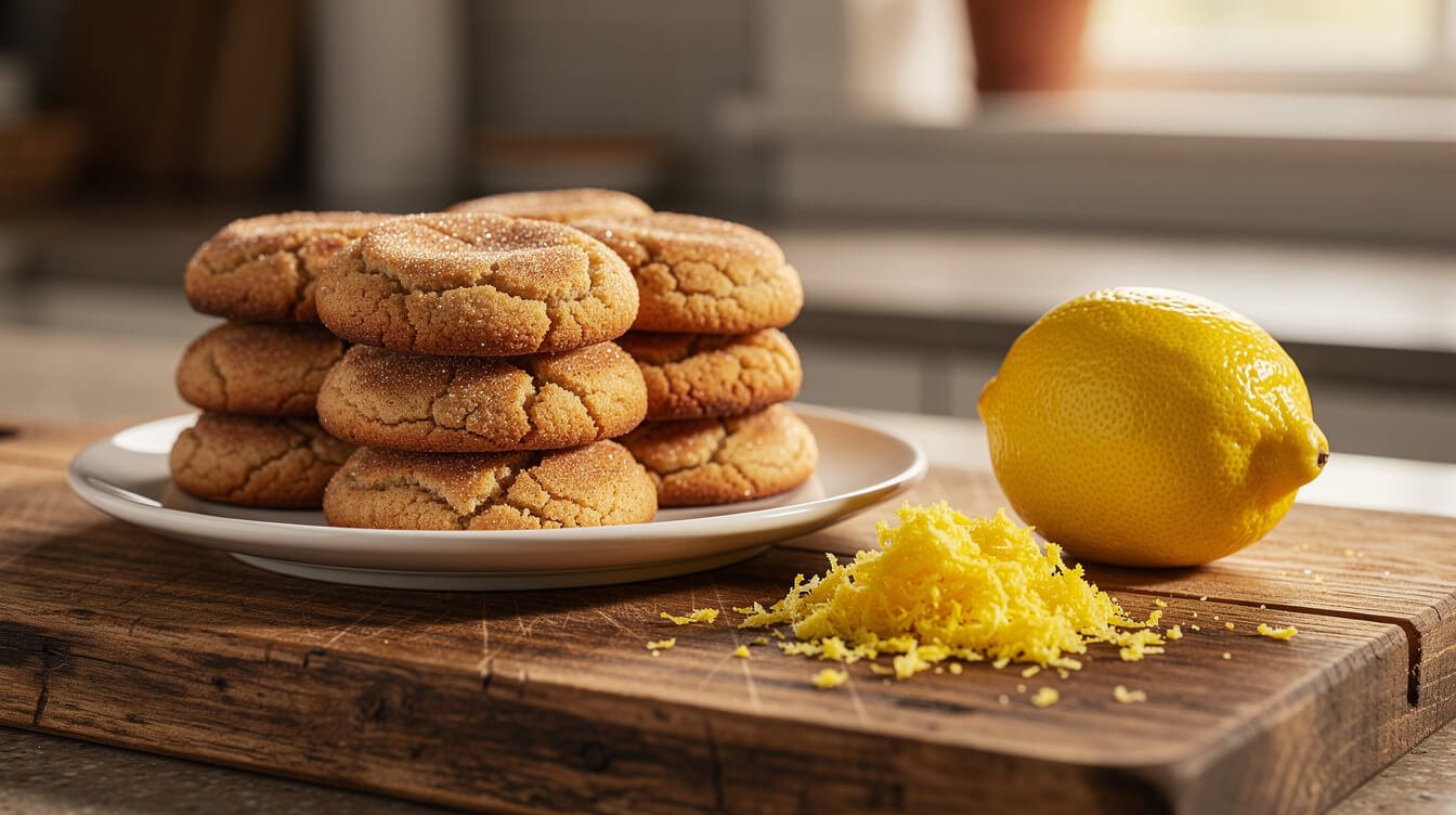 snickerdoodles on a plate next to a lemon and fresh lemon zest