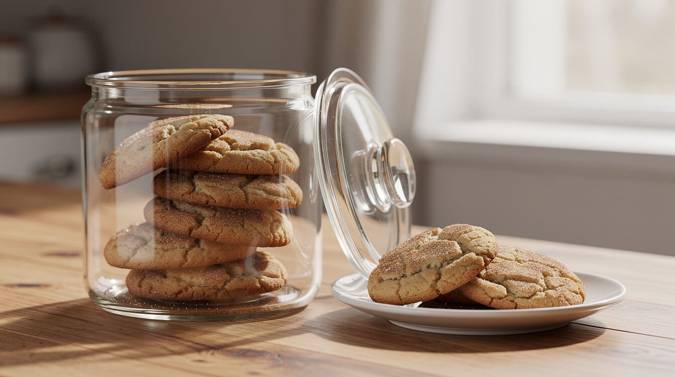 snickerdoodles stacked in a glass cookie jar