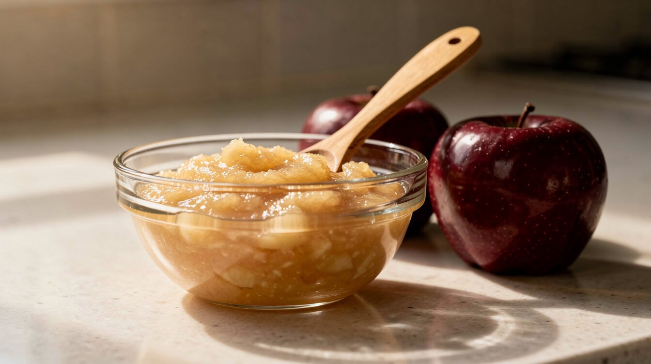 soft apples cooked down into applesauce next to whole red apples