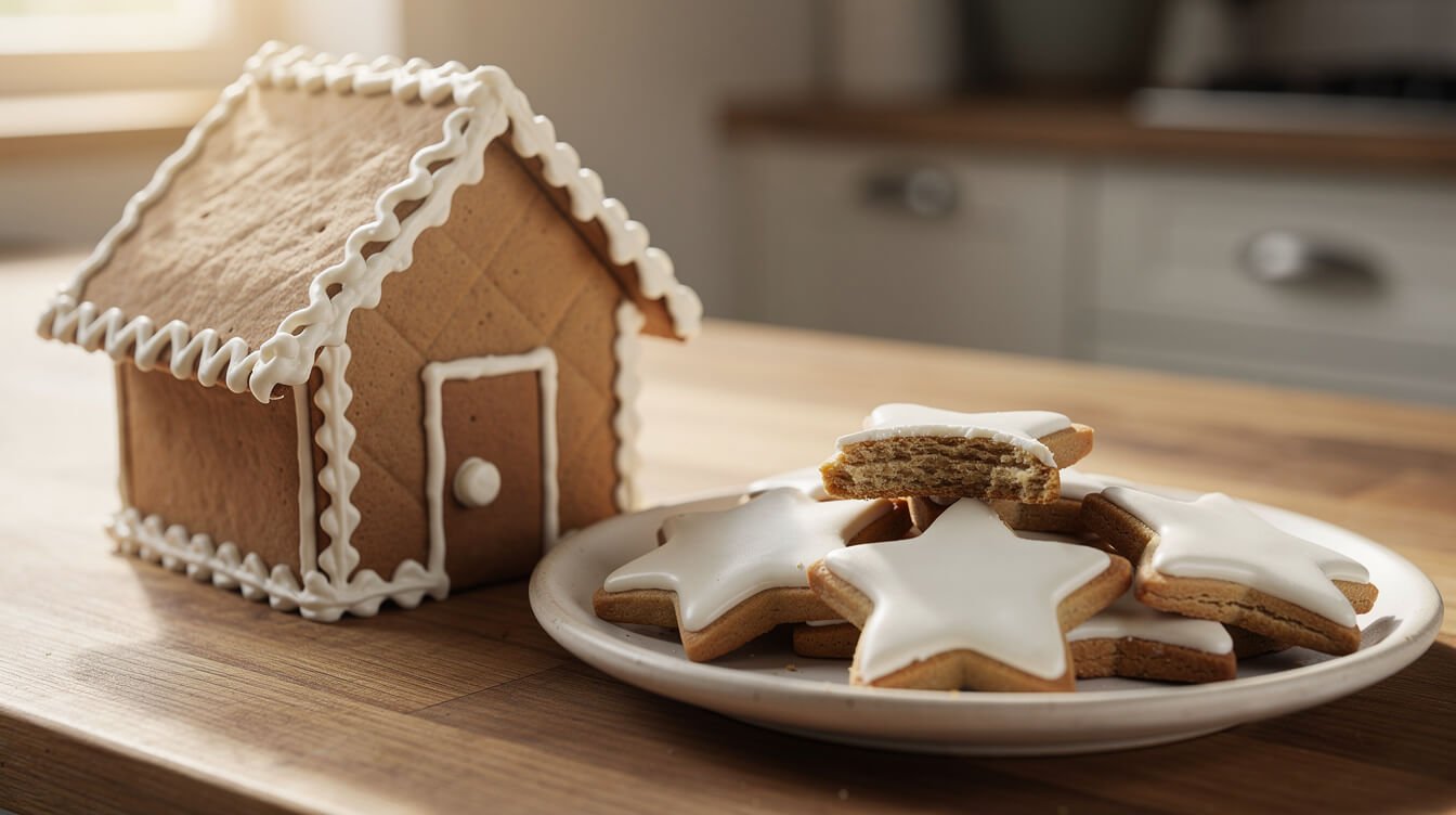 small gingerbread house with stiff royal icing next to iced sugar cookies