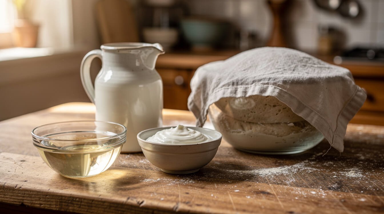 vinegar, buttermilk, and yogurt on a floured counter beside a covered bowl of dough