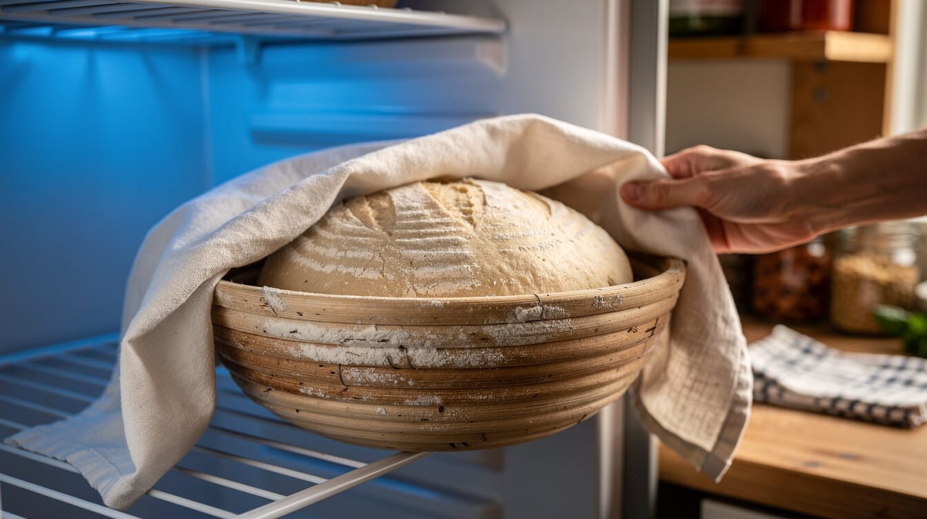 dough resting in a floured banneton going onto a refrigerator shelf