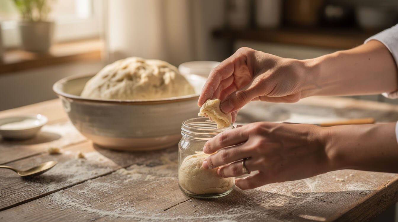 hands tucking a small piece of bread dough into a glass jar