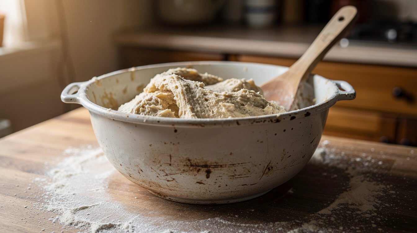 shaggy just-mixed no-knead dough in a ceramic bowl on a floured counter