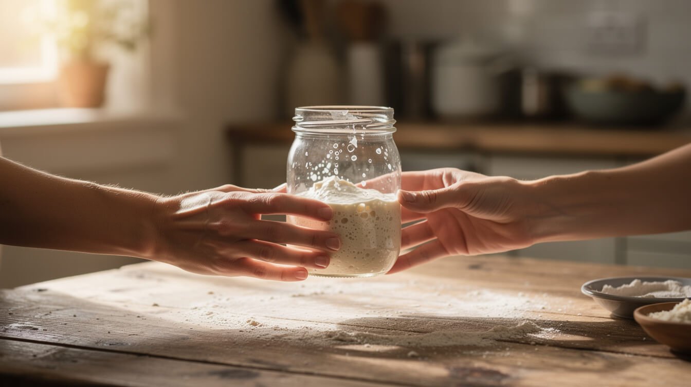 two people passing a jar of sourdough starter across a kitchen table