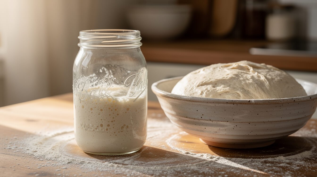a bubbly sourdough starter in a jar next to a bowl of bread dough