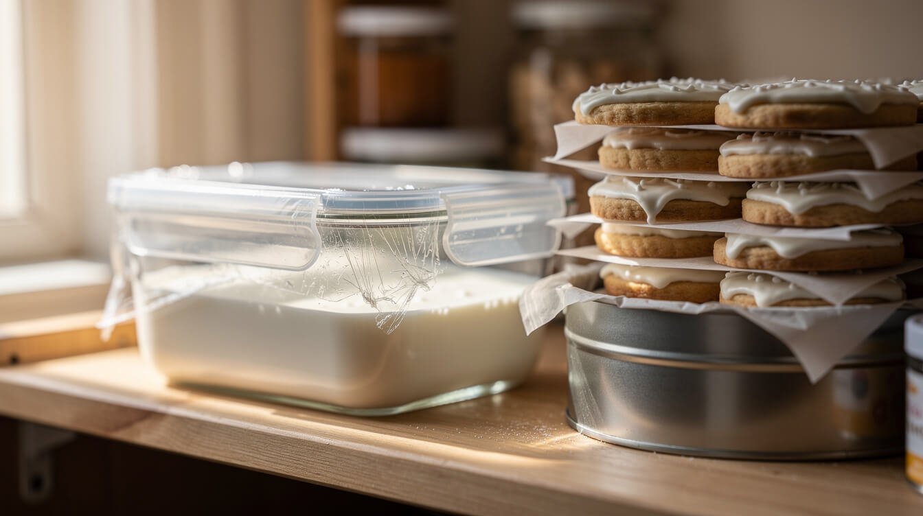 airtight container of royal icing with plastic wrap on the surface beside a tin of iced cookies layered with parchment